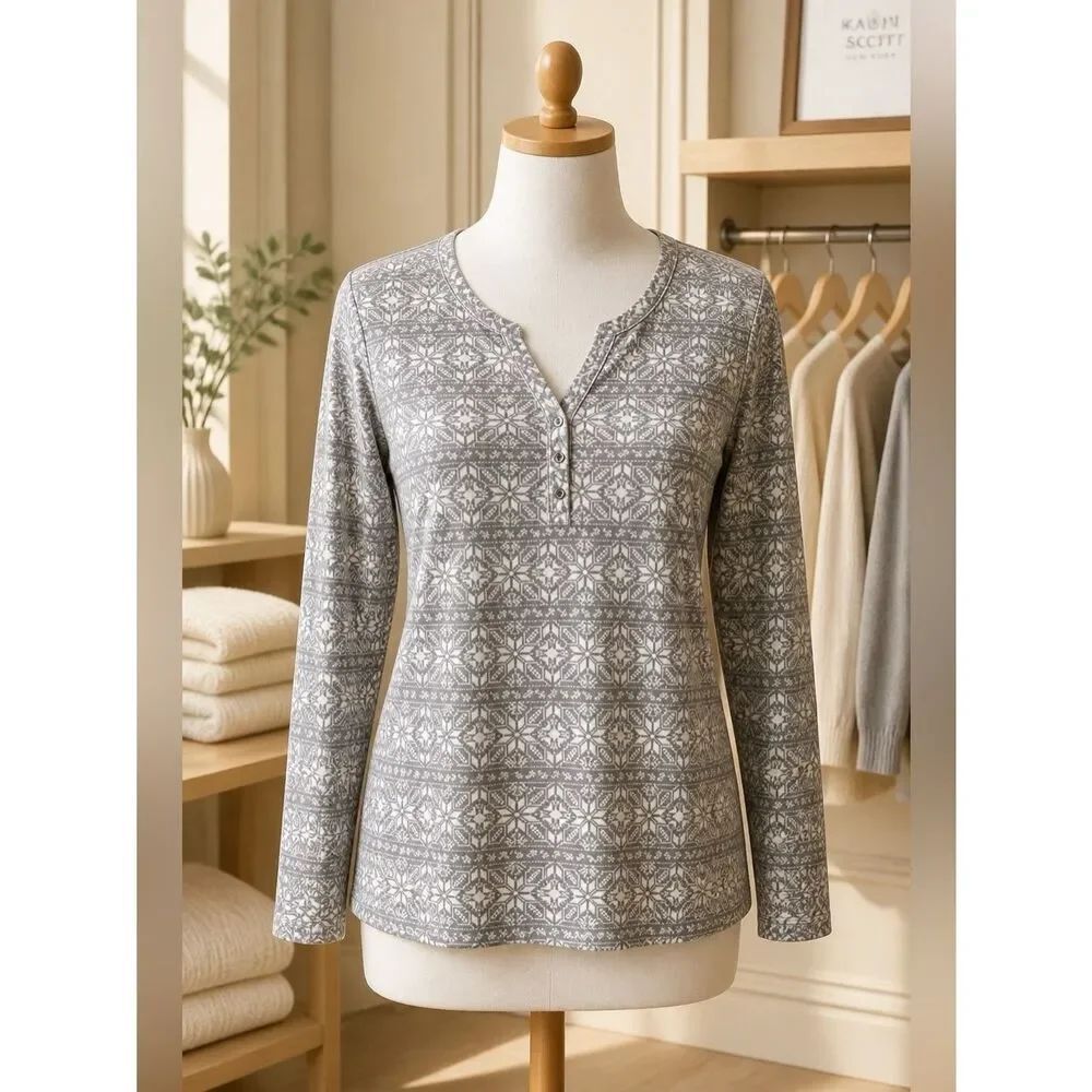 GRAY SNOWFLAKE LONG SLEEVE THERMAL LADIES TOP BY KAREN SCOTT SIZE SMALL